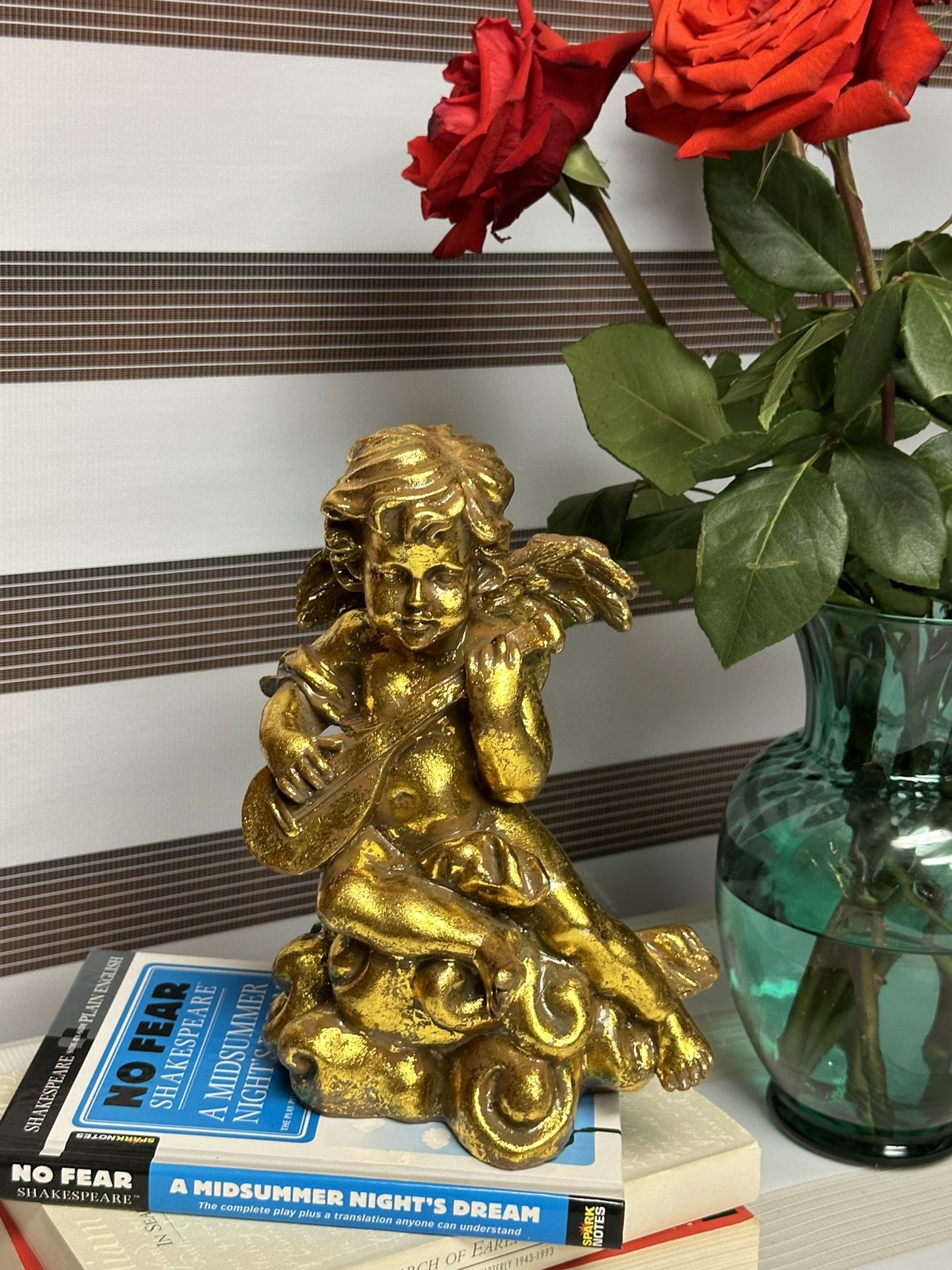 Vintage Gilded Cherub Angel Sitting Playing Mandolin Statue