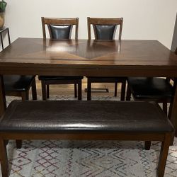 Elegant Walnut Dining Table Set – 4 Chairs + 1 Bench - $320
