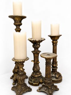 Vintage Ornate Gold-Tone Candle Holder Set – 5 Decorative Candlesticks