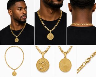 Gold Figaro Chain Necklace with Saint Medal Pendant