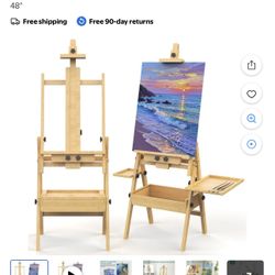 Large Solid Beech Wood Easel for Painting with Storage Drawer and Palette, Foldable Art Easel with Signature Box for Adults, Holder up to 48''
