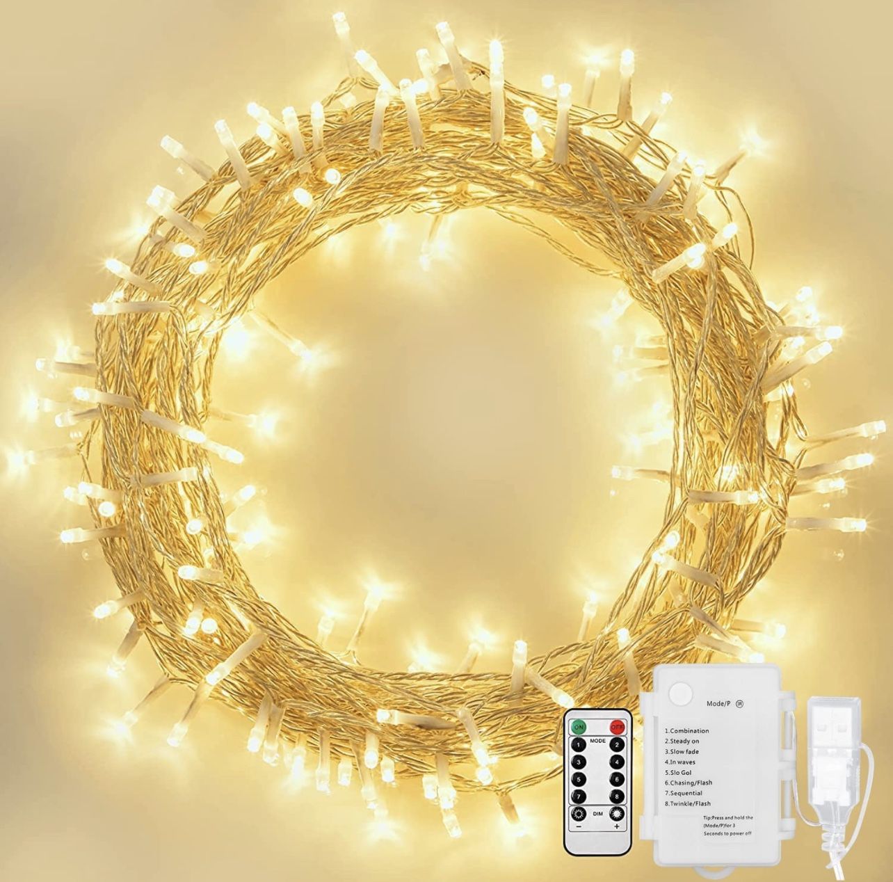 USB Battery Operated String Lights 36 ft 100 LED Outdoor Fairy Lights 8 Modes