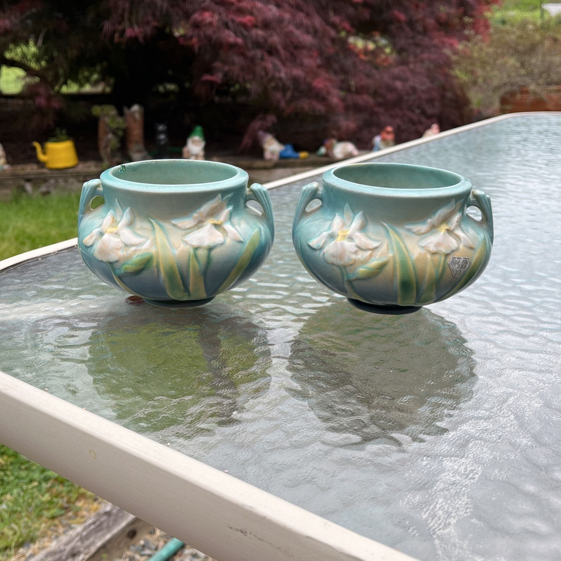 Vintage Roseville Pottery Blue Iris Jardiniere Planters