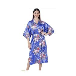 NEW Women Silky Satin Printed Long Robe - Sapphire Blue - OSFM