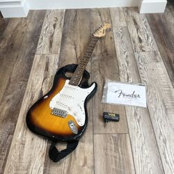 Fender Squier Standard Stratocaster Amber Sunburst Electric Guitar and VOX Guitar/Bass Plug Lot