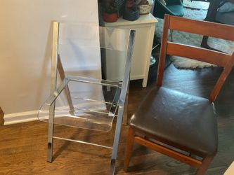 Two Very Good Folding Chairs.  An Antique Wooden One With Leather Seat.  A Strong Glass One From Ikea (with A Little Scratch In The Back) $30 For Both