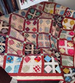 Huge Vintage Hand-Tied Patchwork Quilt 9’x9’ Cottagecore see pics some staining just $40