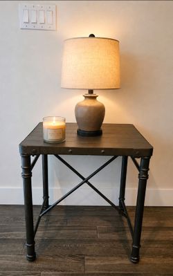 Industrial Metal and Wood End Table (Lamp and candle not included)