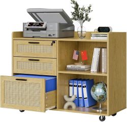 🥨File Cabinet for Home Office, Rattan Lateral Filing Cabinet with Shelves 3 Drawers Large Storage Organizer Mobile Printer Stand with Lock for Legal/