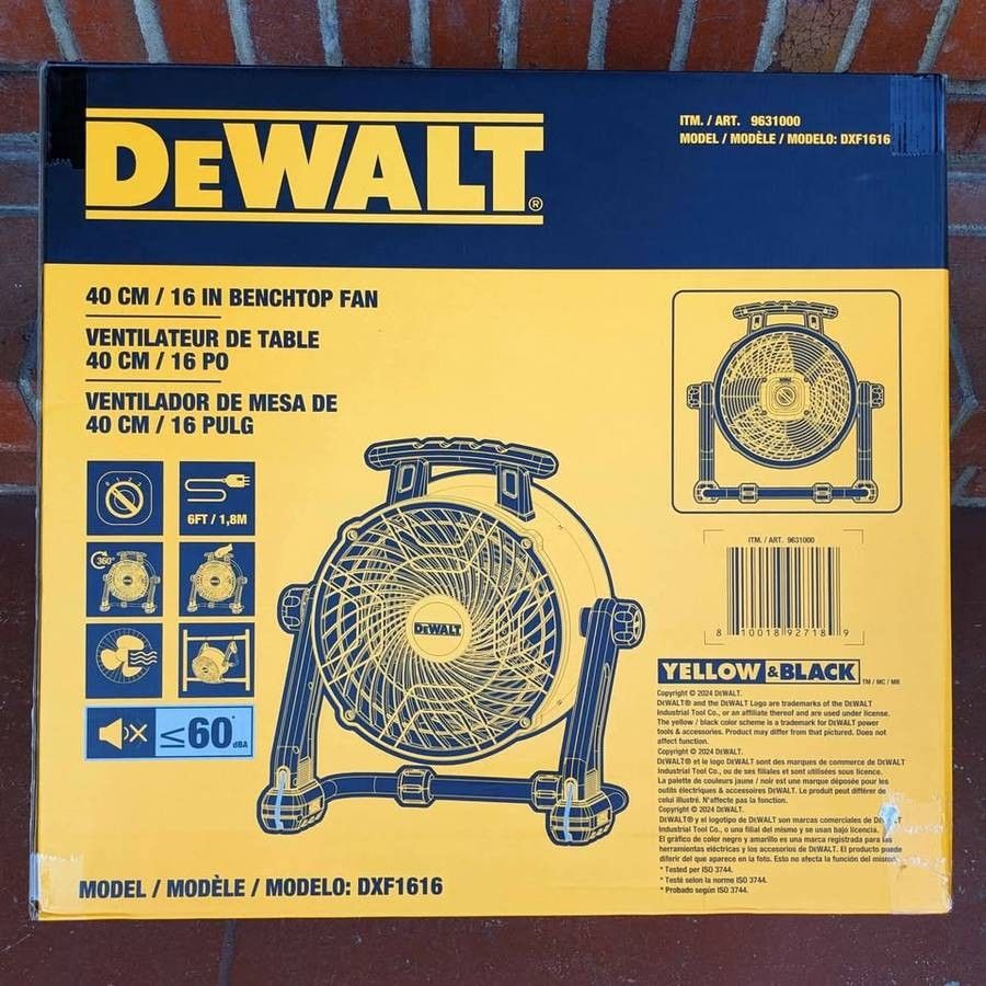 NEW DeWalt 16 inch 3 speed 360° tilting workshop benchtop freestanding or hanging industrial drum fan