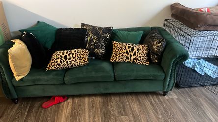 Green Couch. Smoke Free And Clean With 2 Black Chairs Only Not Pillows