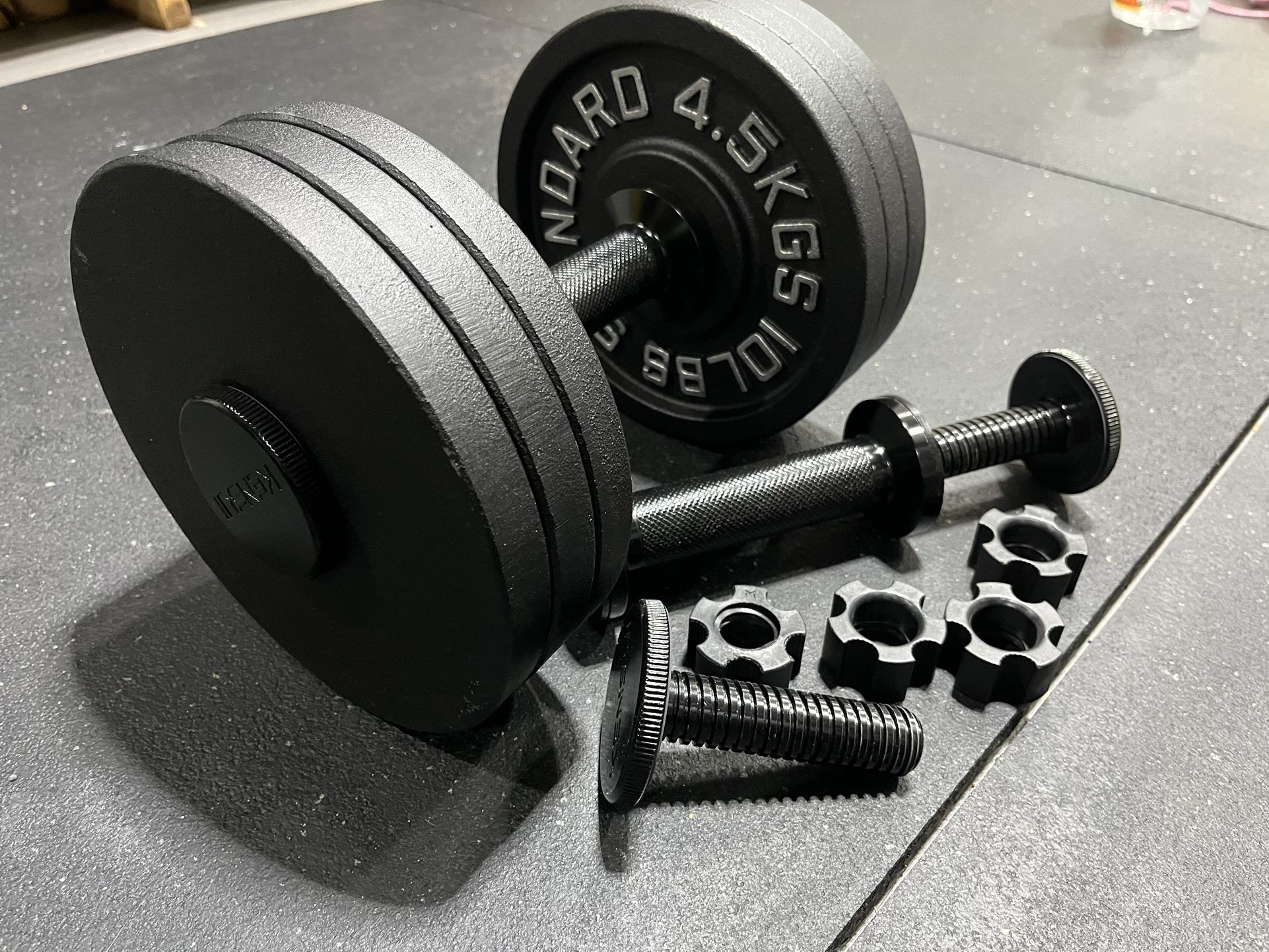Kensui AdjustaBELL Max handles with new 12x10lb plates with 2 inch adapters. adjustable dumbbells