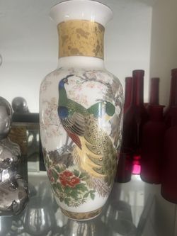 Japan Porcelain Vase White Gold Metallic Trim multicolor Floral Colorful Peacock