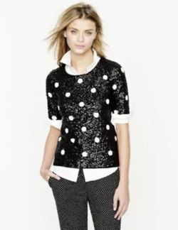 J.Crew XS Black White Polka Dot Sequin Short Sleeve Top Shirt Holiday