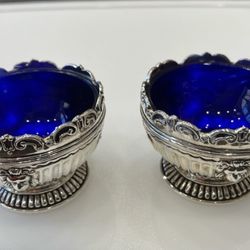 Pair of godinger blue cobalt glass and sterling silver plated salt cellars