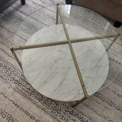 Modern Round Coffee Table - Glass & Faux Marble with Gold Frame