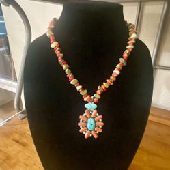 Native American Sterling Silver Turquoise Coral Necklace