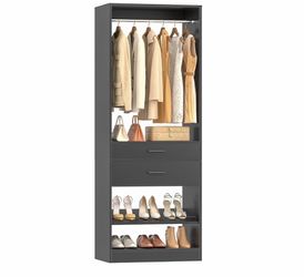 2221b  Unikito 25" W x 80" H Closet Organizer Storage with Hanging Rod and 2 Wooden Drawer, Adjustable Angled Shoes Rack, Sturdy Garment Racks, Walk-i