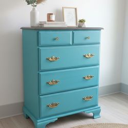 Beautifully Restored Vintage Dresser – Turquoise with Gold Hardware