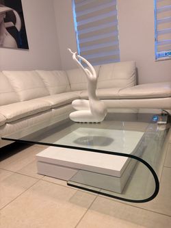 Modern Curved Glass Coffee Table with White Base