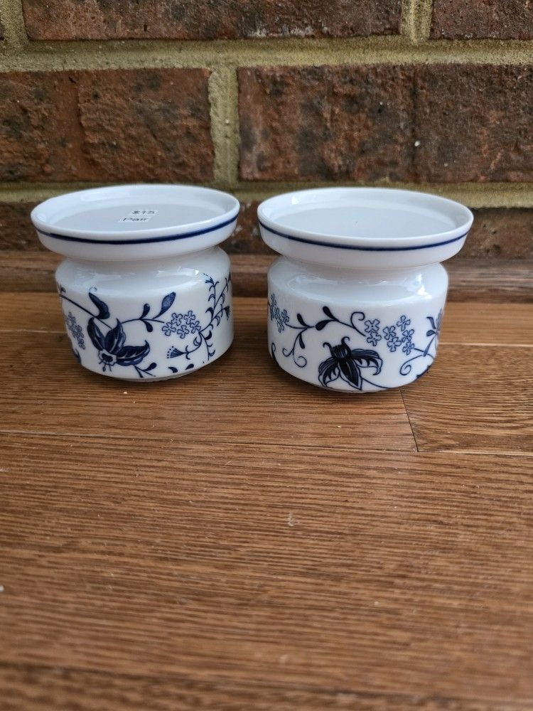 Pair of Colbalt Blue on White Pillar Candle Holders