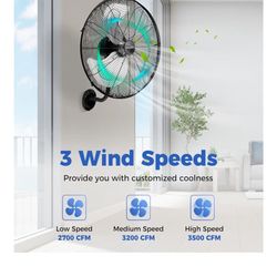 COSTWAY Ventilador de montaje en pared, ventilador de pared de metal resistente de 20 pulgadas con 3 velocidades, oscilación de 85°, cabezal de inclin