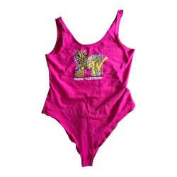 MTV Pink One Piece Bodysuit Women SZ L Sleeveless 80's 90s Y2K Music Nostalgic