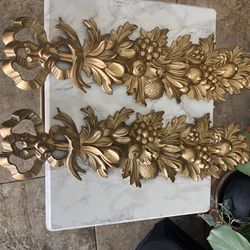 2 Vintage MCM Syroco Wood Gold Gilt Panels Fruit & Bow Garland Wall Hanging Decor 6x23in