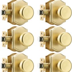 6 Pack Pismo Doorknobs For Bath & Bedroom, Gold Interior Door Knobs With Camelot Trim, Satin Brass Door Knob With Lock