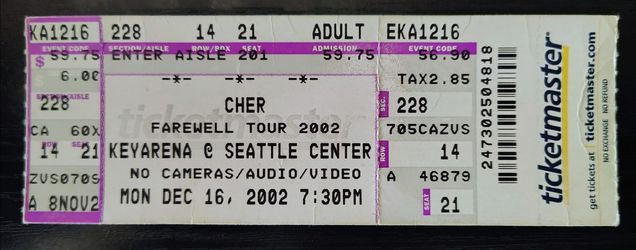 Cher Farewell Tour 2002 Ticket Stub - KeyArena Seattle