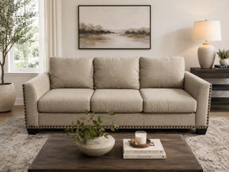 Modern Beige Nailhead Trim Sofa – Cleaned & Shampooed – Excellent Condition