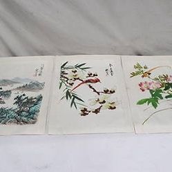 3 Chinese watercolor on silk panels (15.68"x9.63" ea), signed