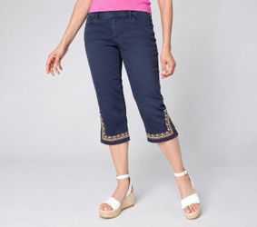 Susan Graver Regular Soft Stretch Embroidered Hem Crop Jeans Dark Wash Size 6