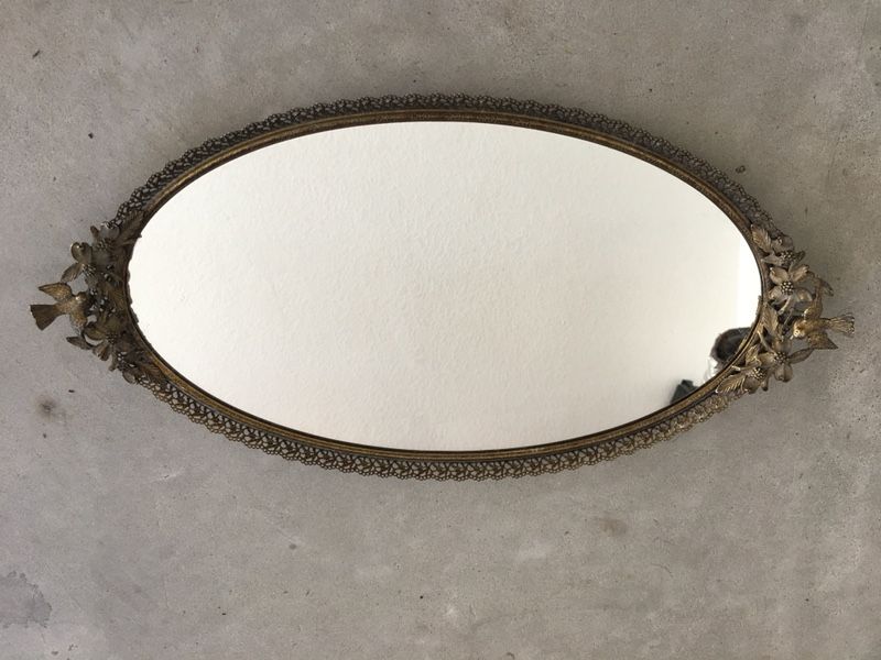 Antique oval vanity mirror tray signed mats on