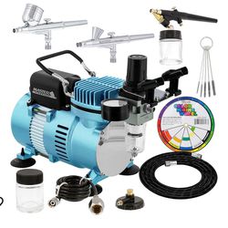 Master Airbrush Cool Runner II Dual Fan Air Compressor Professional Airbrushing System Kit with 3 Airbrushes, Gravity and Siphon Feed - Holder, Color 
