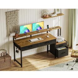  Computer Desk with 4 Drawers, 55 Inch Office Desk with Power Outlet, Home Office Desk with Printer Space & Monitor Stand