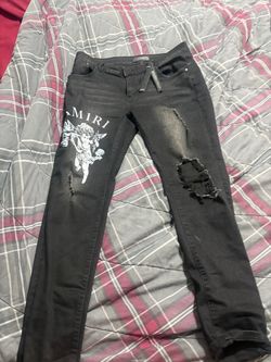 Amiri Designer Jeans Men Black Cherub Angel Graphic Distressed Size 36