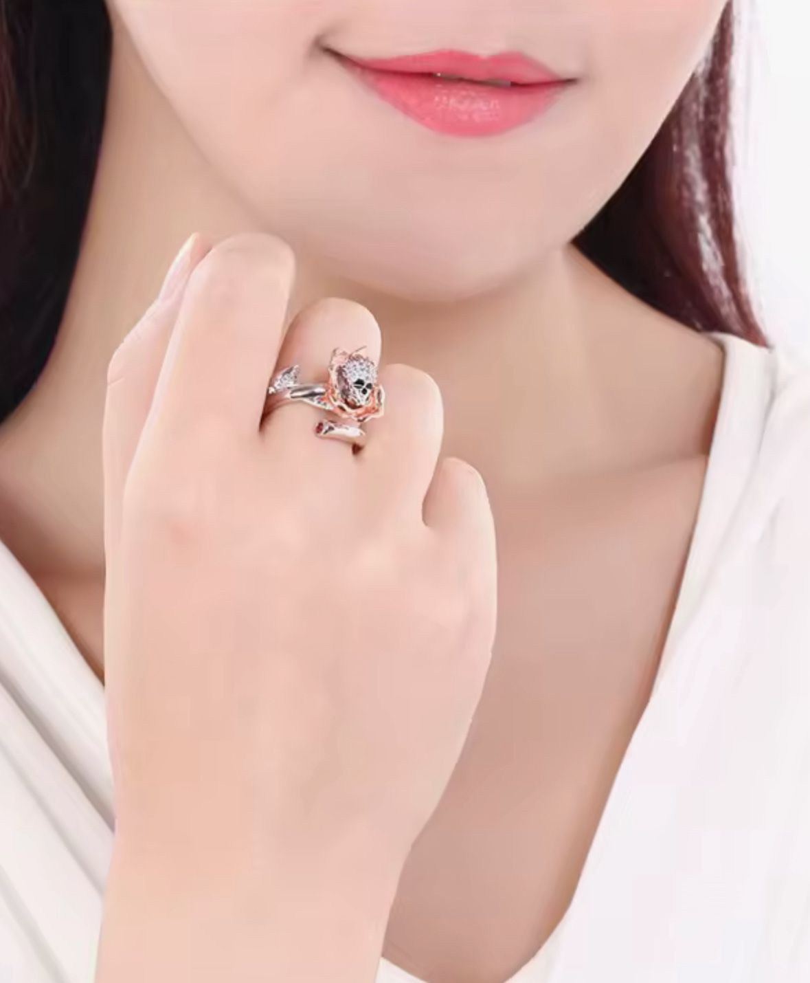 New Rose Flower Gothic Skull Silver Color Ring free size fits to size 12