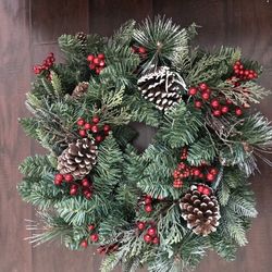 Beautiful 20” Christmas Wreath with Pine cones and red berries for front door, window