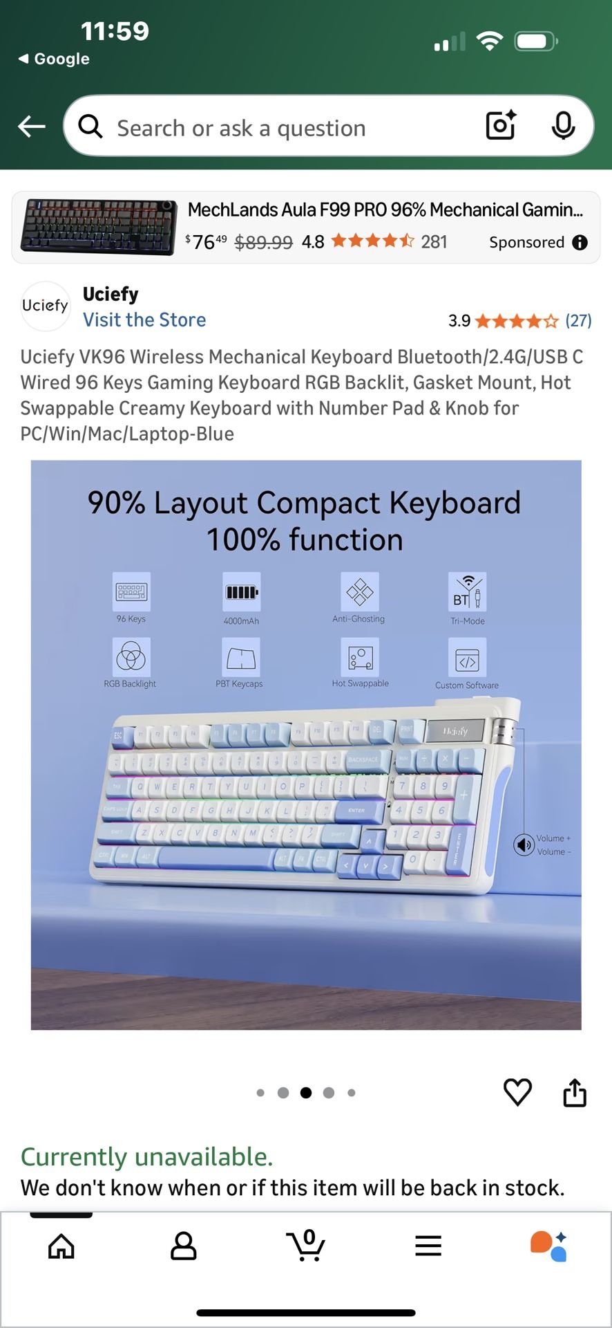 $15-Uciefy VK96 Wireless Mechanical Keyboard Bluetooth/2.4G/USB C Wired 96 Keys Gaming Keyboard RGB Backlit, Gasket Mount, Hot Swappable Creamy Keyboa