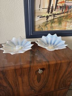 Vintage Fostoria Heirloom White Opalescent Glass Candlestick/Candle Holders-Pair 