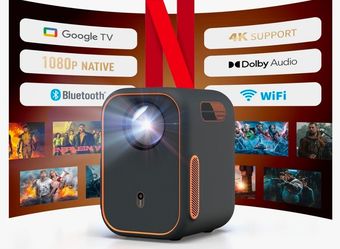 WEMAX Google TV Projector, Netflix Officially Licensed 4K Support, Mini Projector with Wifi and Bluetooth, Smart Movie Projector for Home Theater, 108