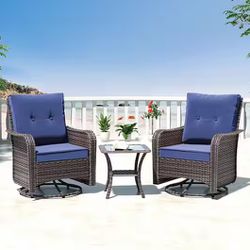 3-Pc Outdoor Wicker Rattan Conversation Set - 2 - Navy Blue Cushion Swivel Rocker Chairs + Table  [NEW IN BOX] **Retails for $400+