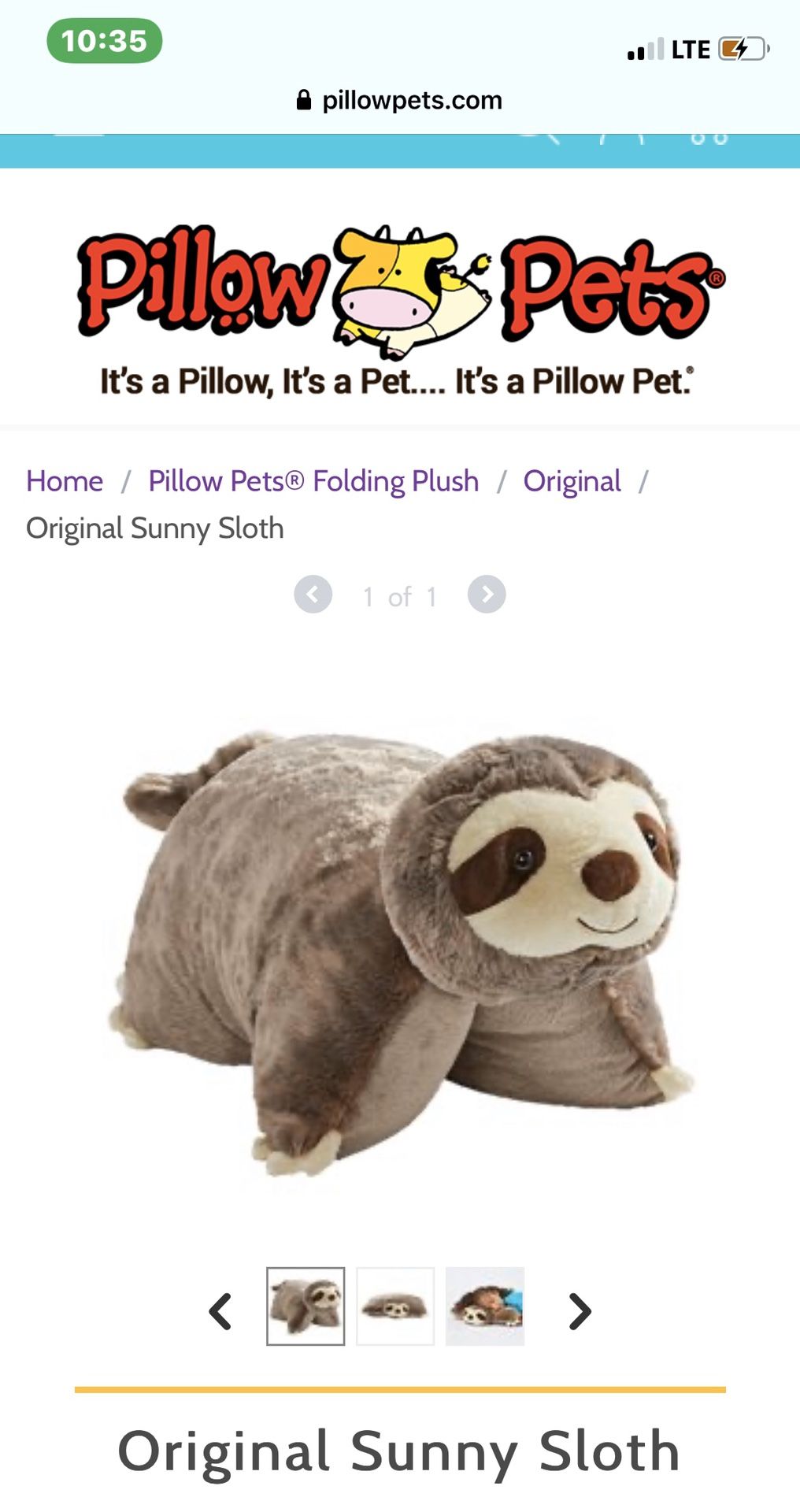 NEW Pillow Pets Sloth