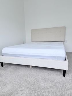 Upholstered Platform Bed Frame with Headboard and Queen Mattress (with waterproof mattress protector)