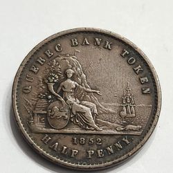 1852 Bank Of Canada Half Penny - Antique Coin