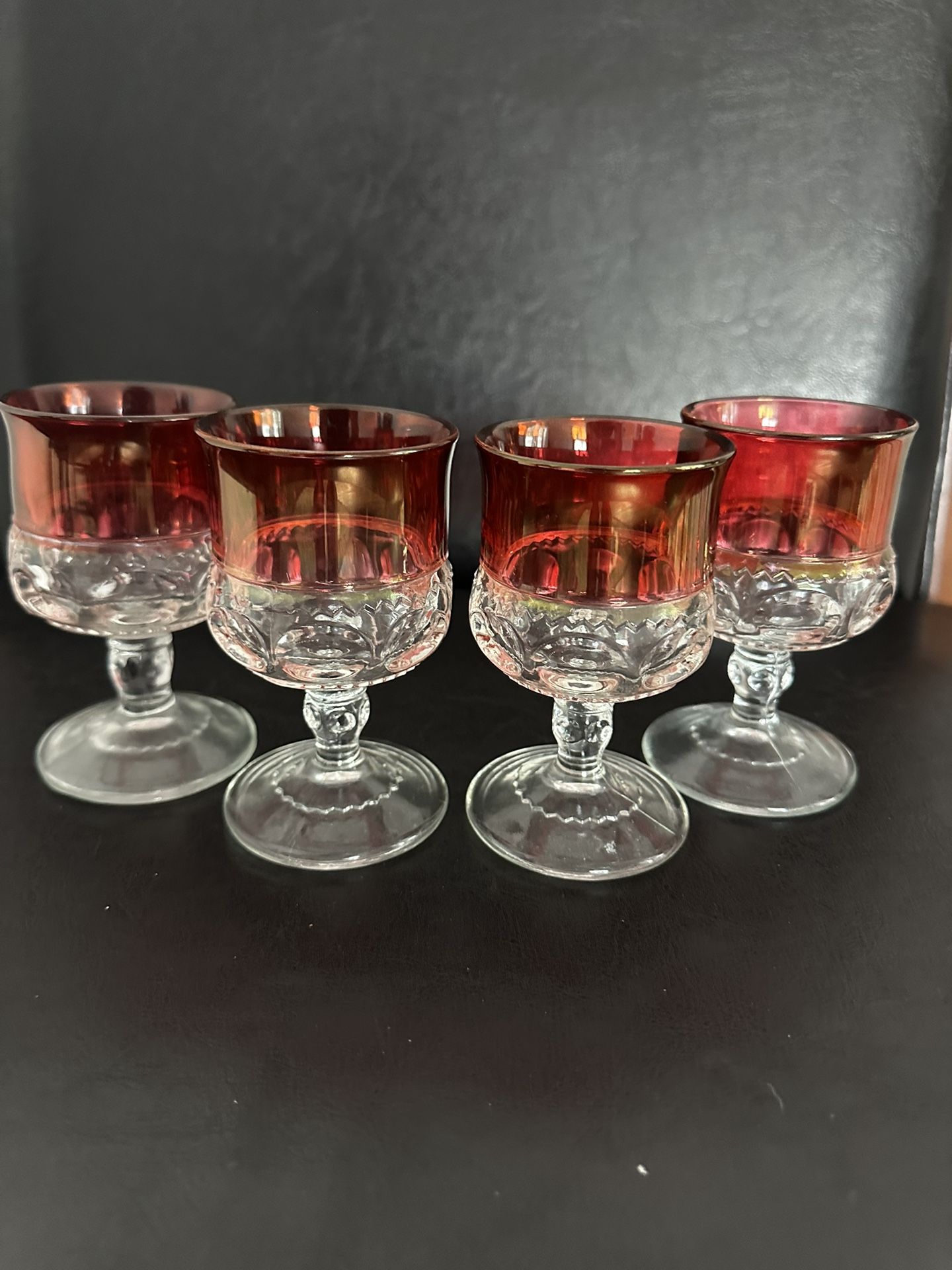 MCM King's Crown-Cranberry Flashed by Tiffin-Franciscan Claret Wine 4 3/8" Stemmed Glass Set of 4