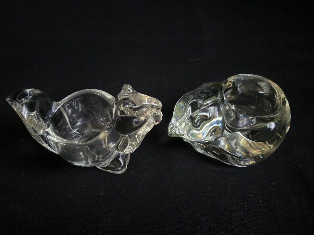 2 AVON Clear Glass Votive Candle Holders Squirrel(3"x5")&Sleeping Cat(4.5"x2.75"