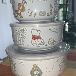 Disney Winnie The Pooh Tigger Piglet Eeyore Set Of 3 Ceramic Storage Bowls With Vented Lids Brand New 