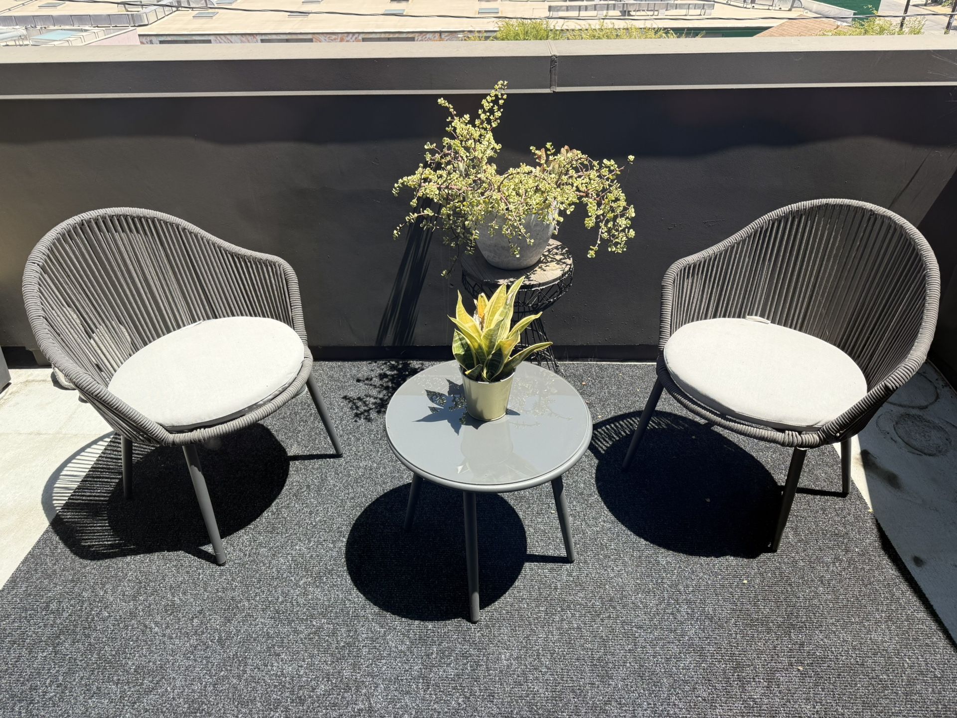 3 Piece Bistro Set, Woven Rope Chair with Cushions, All Weather Patio Conversation Set with Side Table, Ideal for Deck, Balcony, Poolside, Gray